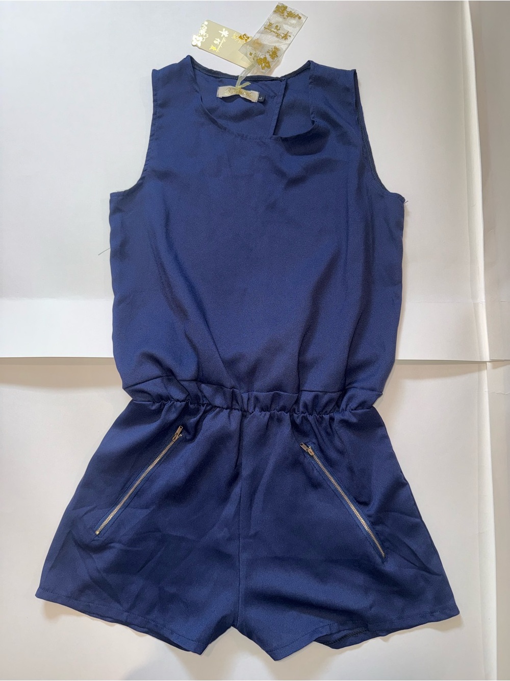 NWT Navy Sleeveless Romper with Zip Pockets L Fits M Summer Lightweight Preppy